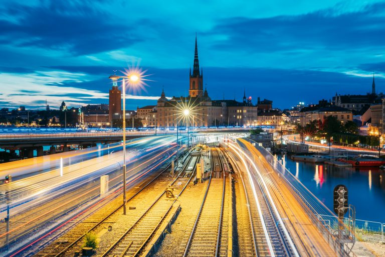 Stockholm, Sweden. Night Scenic View Of Stockholm Skyline